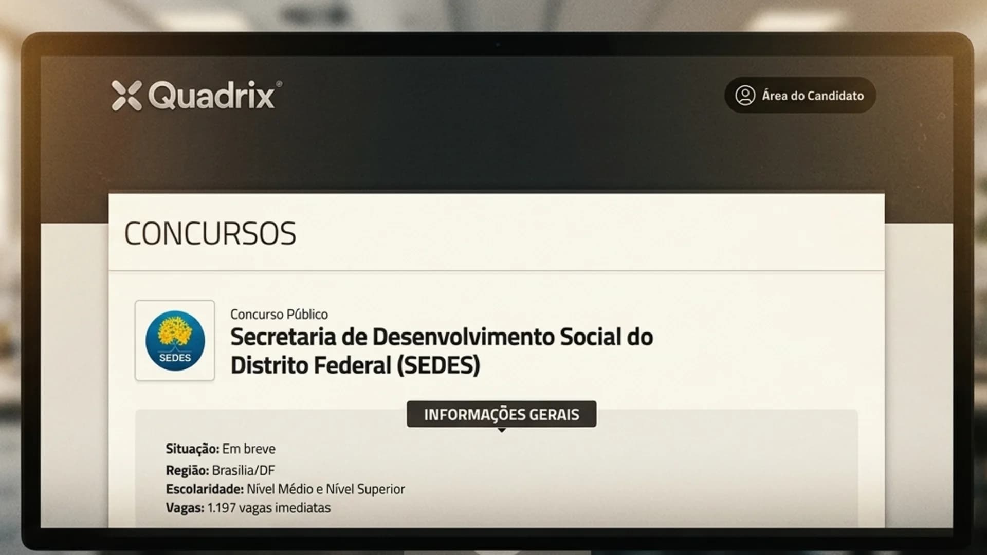 Concurso SEDES DF avança: página do Quadrix já indica edital “em breve” com 1.197 vagas